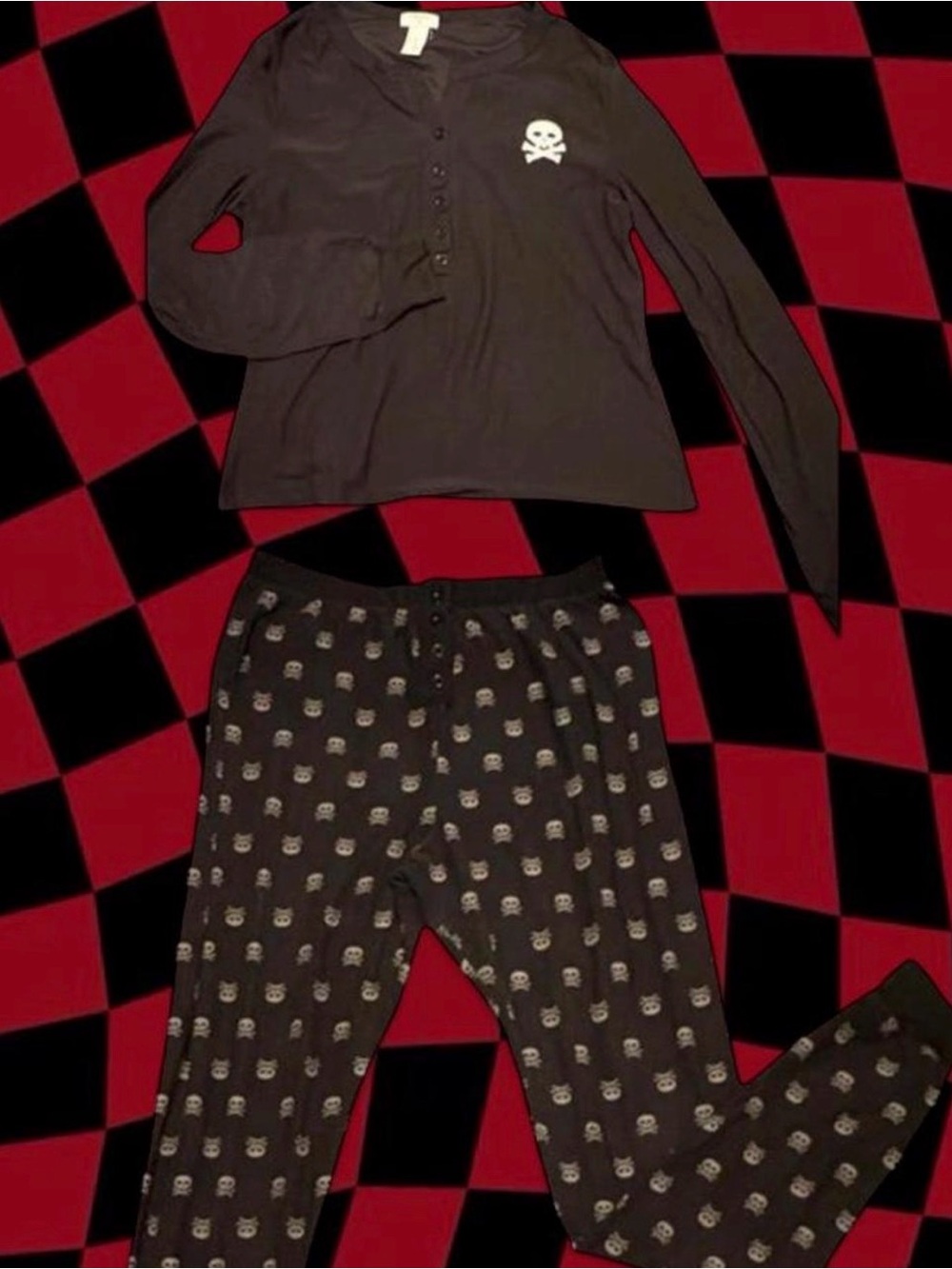Black Skull Pajama Set - Long Sleeve Top & Print Pants